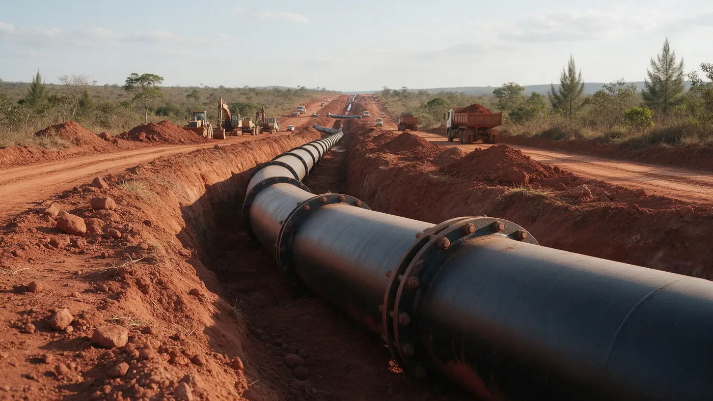 Tubulação de grande diâmetro sendo instalada em vala